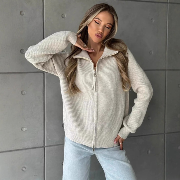 Damen modischer Grobstrickpullover mit hohem Kragen und durchgehendem Reißverschluss Drune