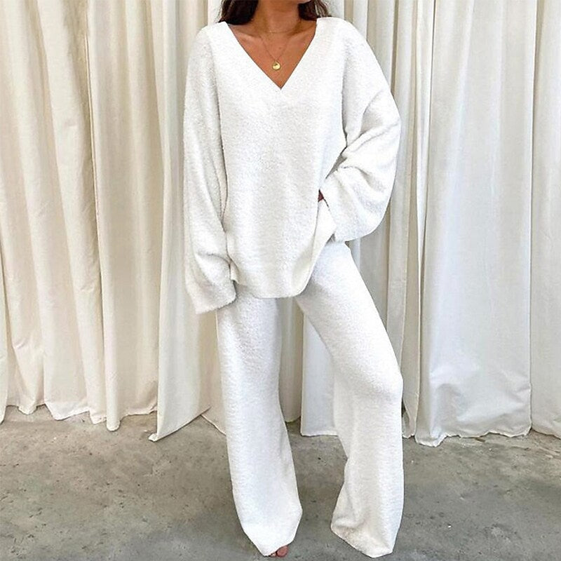 Damen Bequemes Fleece-Loungewear-Set mit V-Ausschnitt Drune