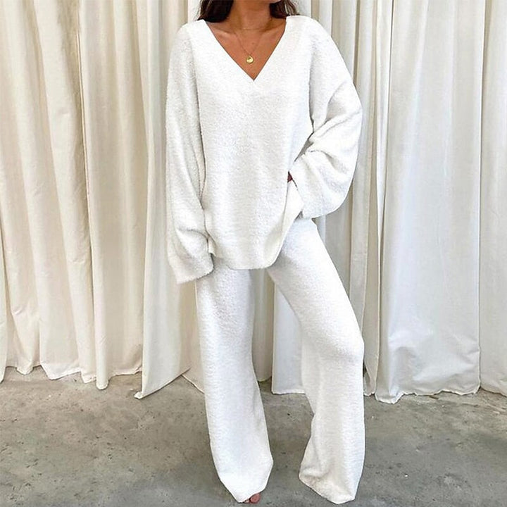 Damen Bequemes Fleece-Loungewear-Set mit V-Ausschnitt Drune