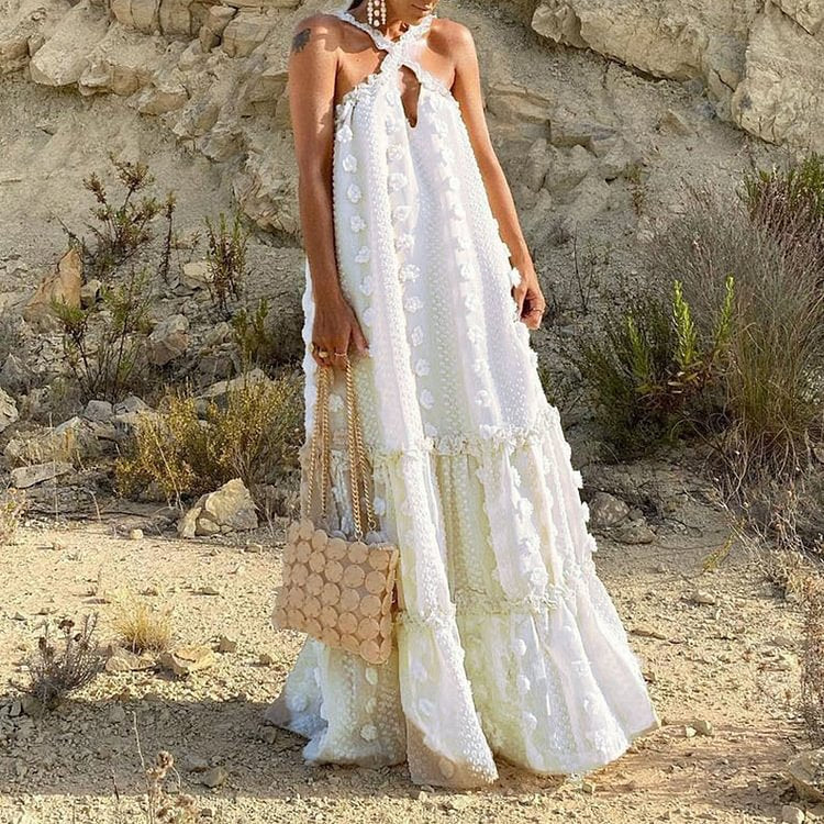 Damen Maxikleid mit raffinierten Volants und zarten floralen Applikationen Drune
