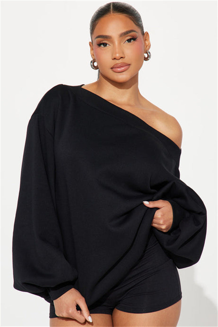 Damen oversized Sweatshirt mit asymmetrischem Ausschnitt und ballonförmigen Ärmeln Drune