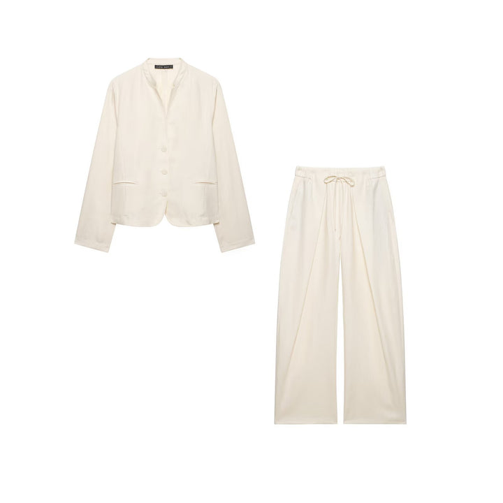 Damen Kurzblazer mit Stehkragen und weite Palazzo-Hose mit Kordelzug Drune