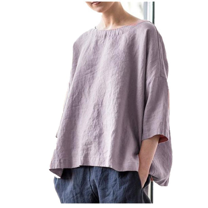 Damen Oversized Leinenbluse mit weitem Boxy‑Schnitt, U‑Boot‑Ausschnitt und 3/4‑Ärmeln Drune