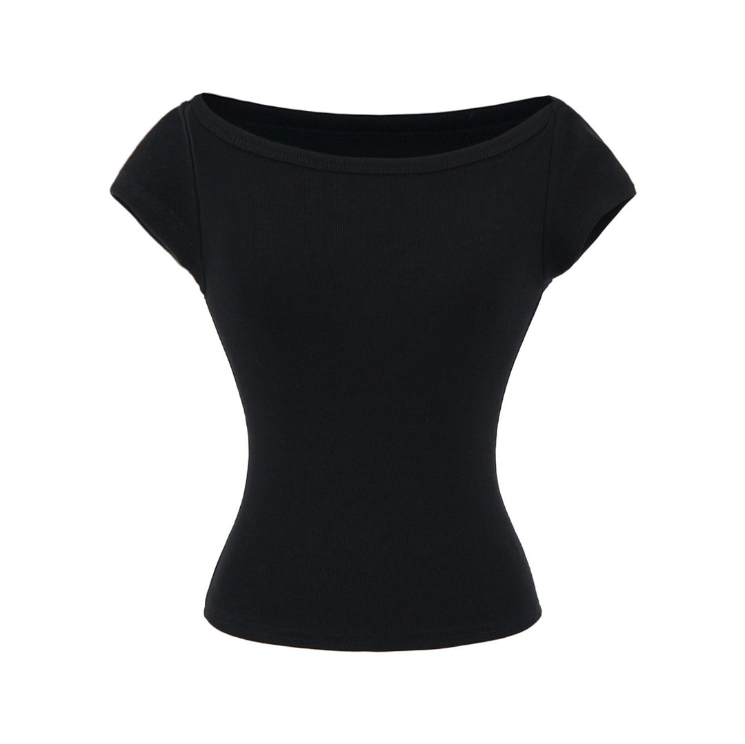 Damen figurbetontes Kurzarmshirt mit weitem Rundhalsausschnitt und feiner Rippstruktur Drune