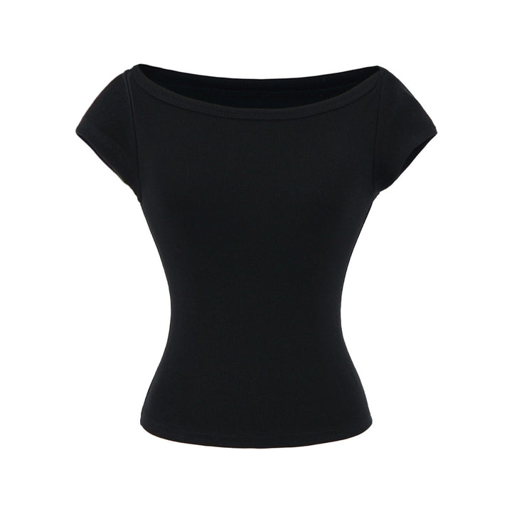 Damen figurbetontes Kurzarmshirt mit weitem Rundhalsausschnitt und feiner Rippstruktur Drune