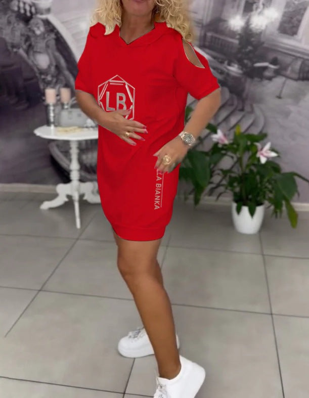 Damen nan sportliches Kapuzen-Tunika-Kleid mit Schulterauschnitten und Logoprint Drune
