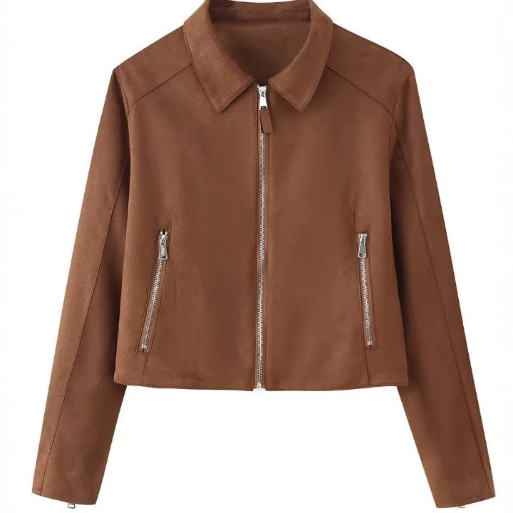 Damen Cropped Jacke aus Velourslederoptik mit Hemdkragen und zwei Reißverschlusstaschen Drune