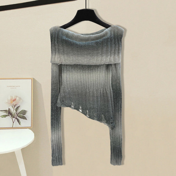 Damen modischer asymmetrischer Pullover mit Off-Shoulder-Ausschnitt und Rippenstruktur Drune