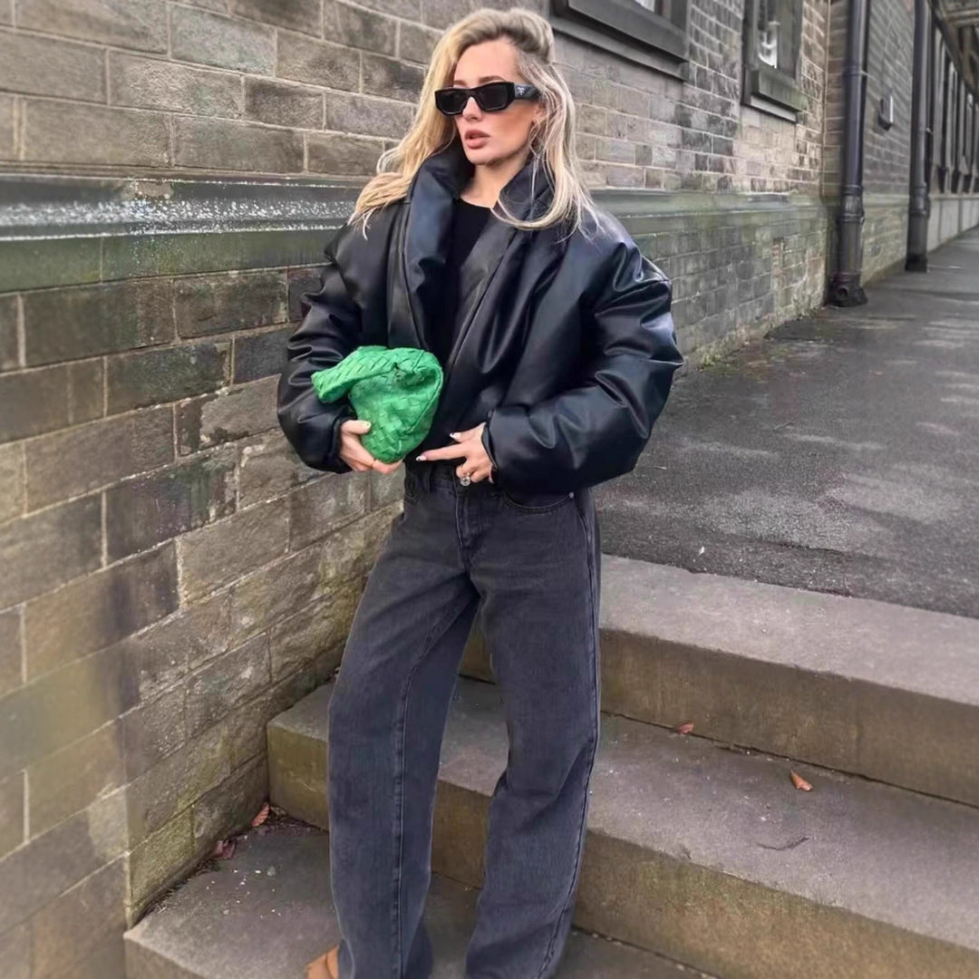 Damen Oversized Kunstleder‑Blouson mit voluminösem Stehkragen und elastischem Saum Drune