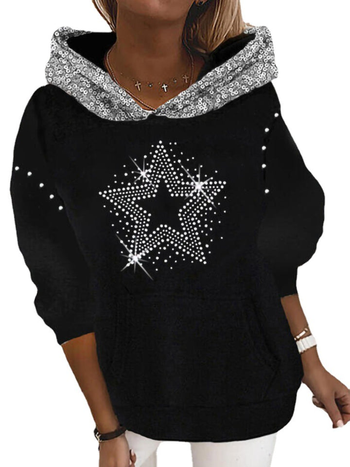 Damen Halloween Kapuzenpullover mit Kürbis- und Katzenprint, Paillettenbesatz und Oversize-Schnitt Drune