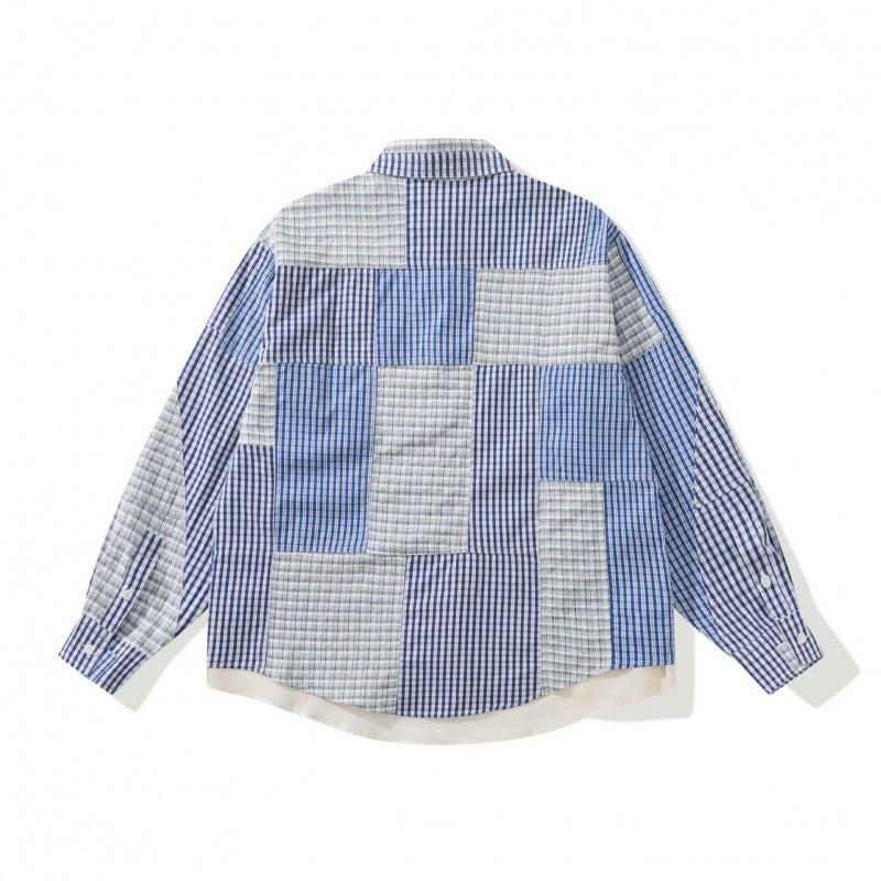 Unisex Oversize-Patchwork-Overshirt aus leichter Baumwollmischung mit Karo‑Design und Hemdkragen Drune