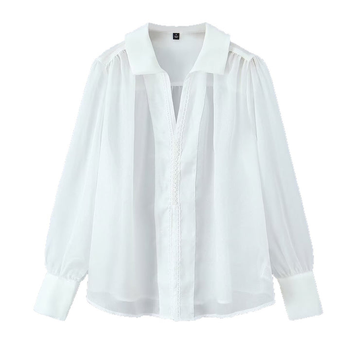 Damen Transparente Chiffon-Bluse mit Spitzenbesatz, Ballonärmeln und breiten Manschetten Drune