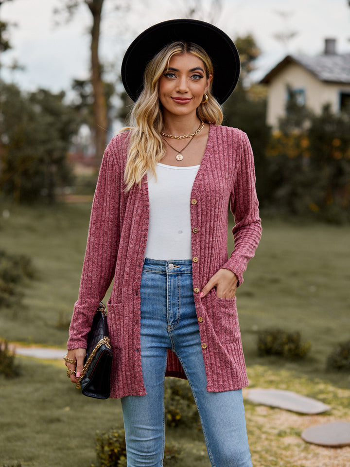 Damen Lang geschnittene Rippstrick‑Cardigan mit Knopfleiste und Eingrifftaschen Drune