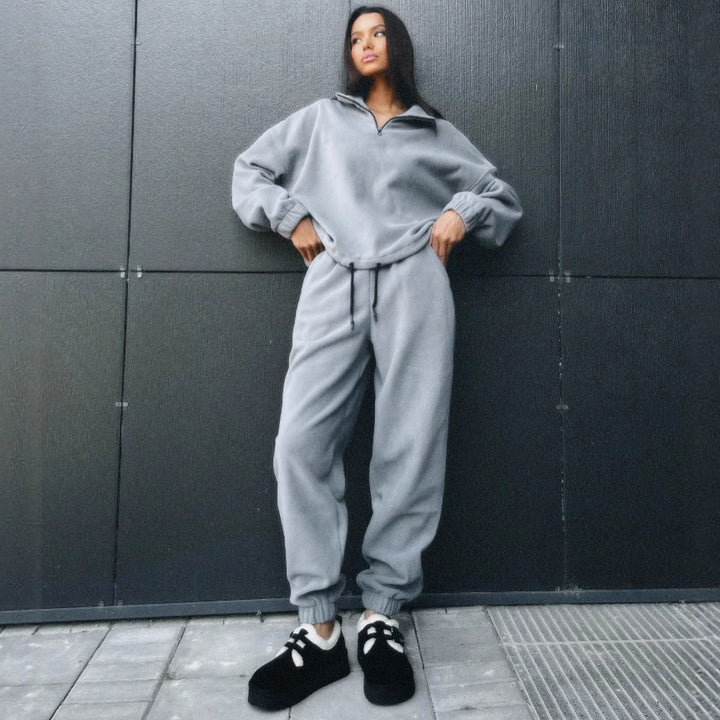 Damen Ultraweiches Fleece-Relaxset mit Stehkragen, halbem Reißverschluss und elastischer Schlupfhose Drune