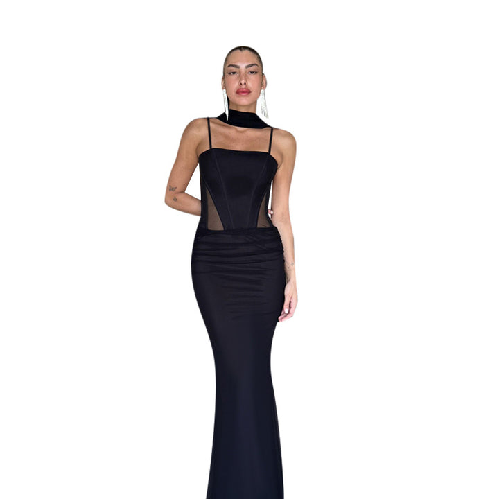 Damen elegantes figurbetontes Maxikleid mit transparenten Einsätzen und stylishem Stehkragen Drune