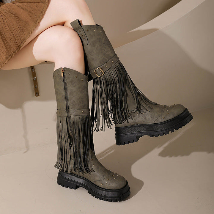 Damen Overknee-Stiefel mit modischem Fransen-Design und robustem Profil Drune