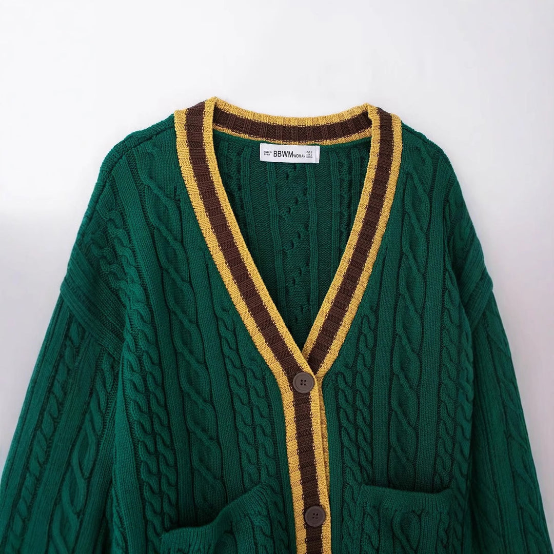 Damen nan Zopfmuster-Cardigan mit V-Ausschnitt, aufgesetzten Taschen und Kontrastkanten Drune