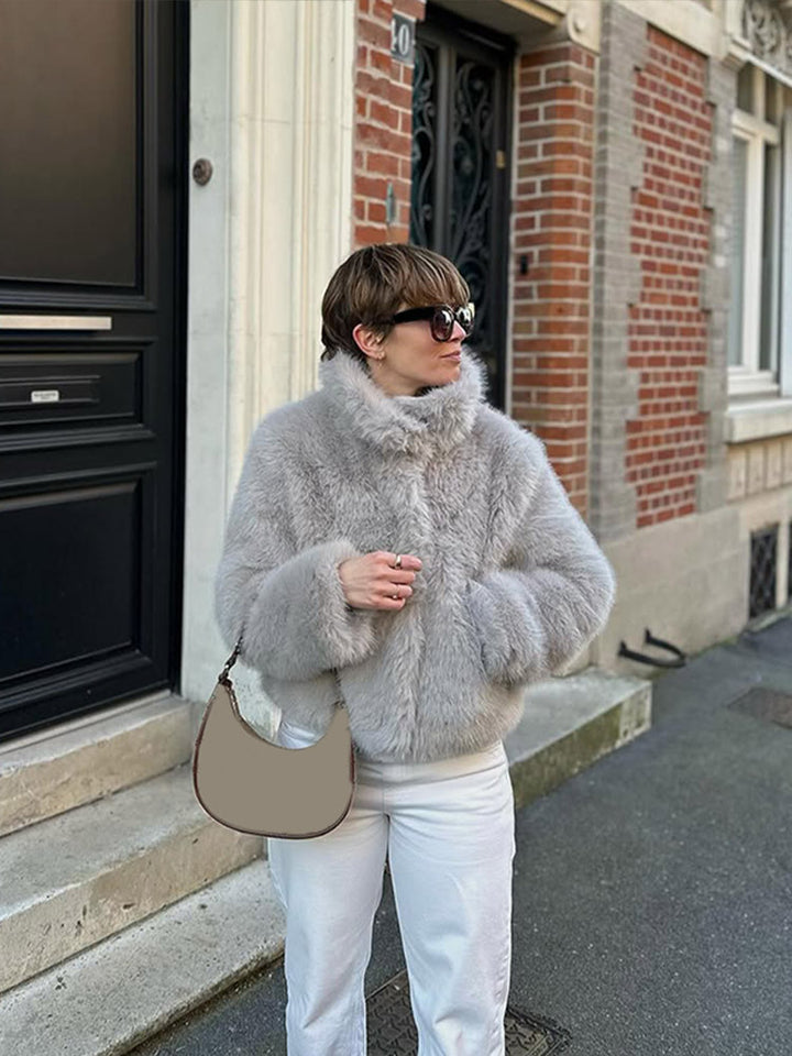 Damen Kurze Boxy‑Jacke aus hochflorigem Kunstpelz mit hohem Schalkragen Drune