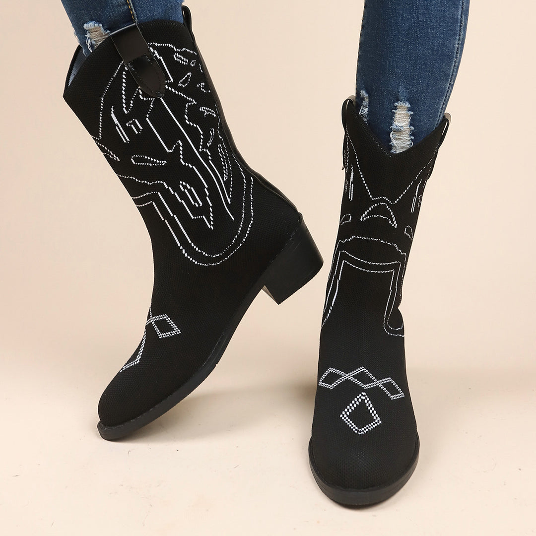 Damen Cowboy-Stiefel mit kunstvollem Stickdesign und robustem Absatz Drune