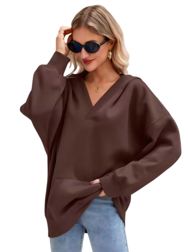 Damen Oversize V-Ausschnitt Hoodie mit Kapuze, Kängurutasche und verlängertem Saum Drune