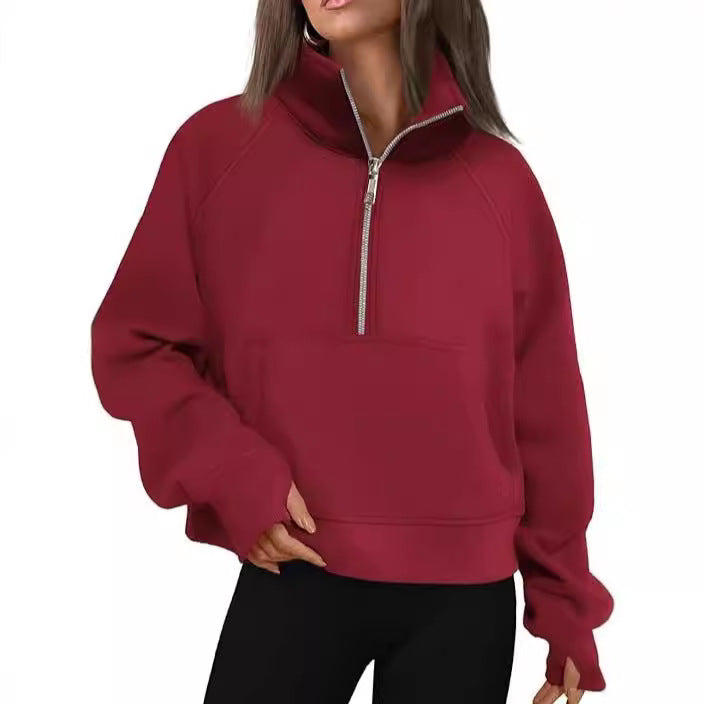 Damen nan oversized Halbzip Pullover mit Kängurutasche, Daumenlöchern und hohem Kragen Drune