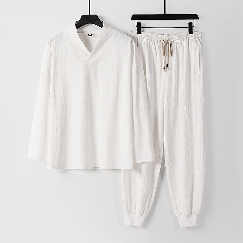 Herren Leichtes Kimono-Loungewear-Set aus Baumwollmix mit V‑Ausschnitt und elastischer Bündchenhose Drune
