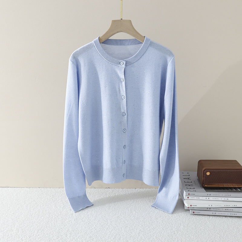 Damen Feiner Rundhals-Cardigan aus leichtem Feinstrick mit Perlmuttknopfleiste und dezentem Glitzereffekt Drune