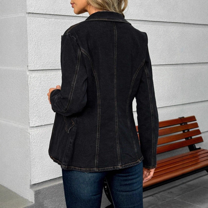 Damen taillierte Denim-Blazerjacke mit Reverskragen und kontrastierender Steppung Drune