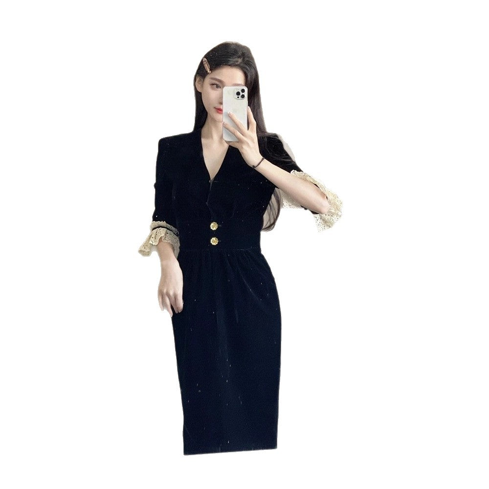 Damen elegantes Kleid mit Spitzenärmeln und dekorativen Knöpfen Drune
