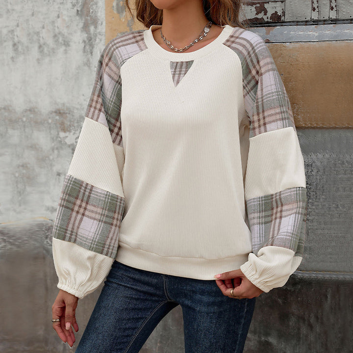 Damen Legeres Raglan-Sweatshirt mit karierten Ballonärmeln, Keyhole-Ausschnitt & gerafften Bündchen Drune