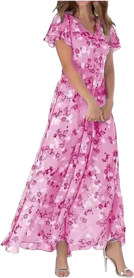 Damen Maxikleid mit floralem Chiffon-Stoff und transparenten Ärmeln Drune