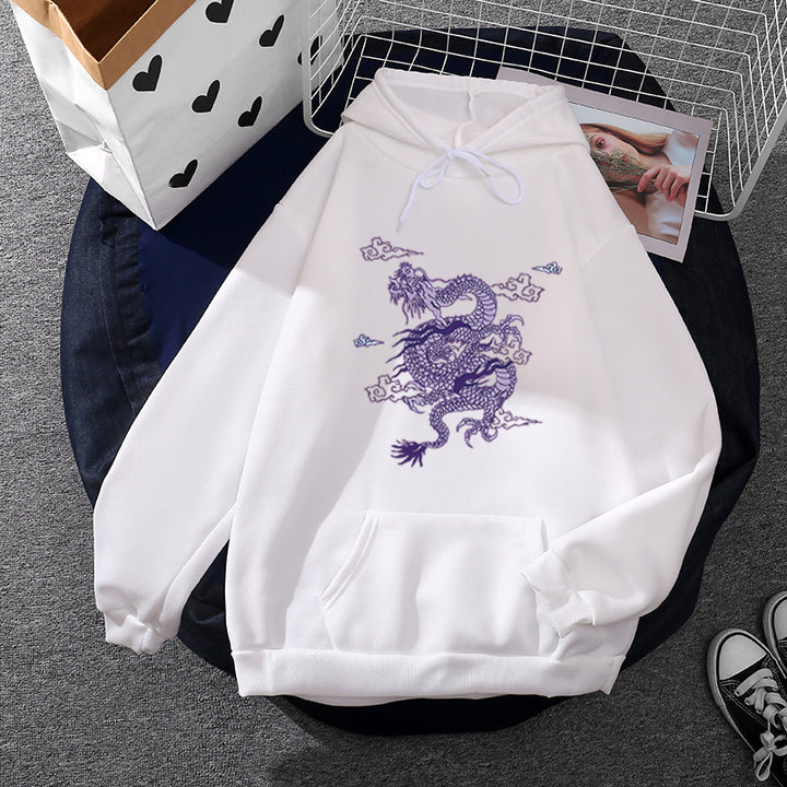 Unisex nan oversized Kapuzensweatshirt mit detailliertem Drachendruck, angerautem Fleece-Innenfutter und Känguru-Tasche Drune