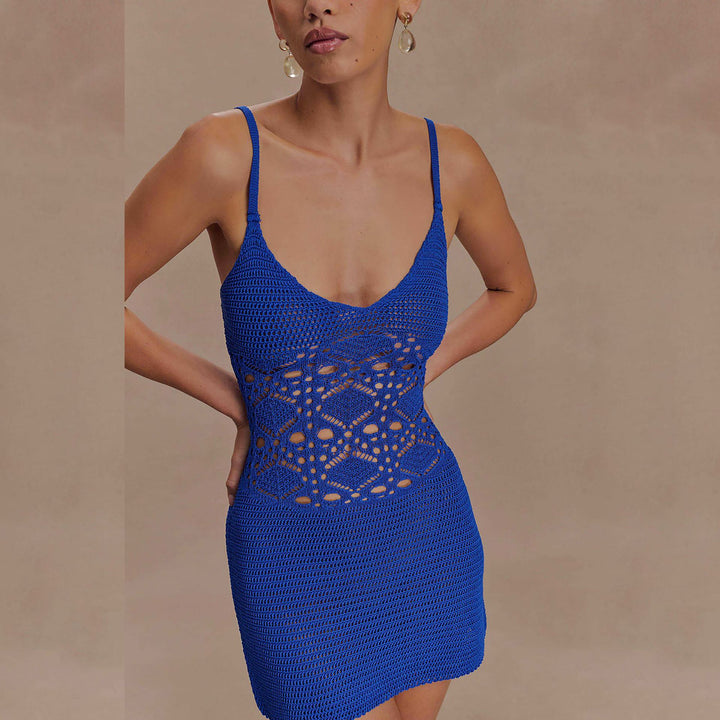 Damen gehäkeltes Mini-Strandkleid mit verführerischem V-Ausschnitt Drune