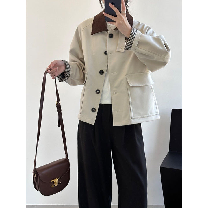 Damen Boxy Übergangsjacke mit Cordkragen und großen Pattentaschen Drune