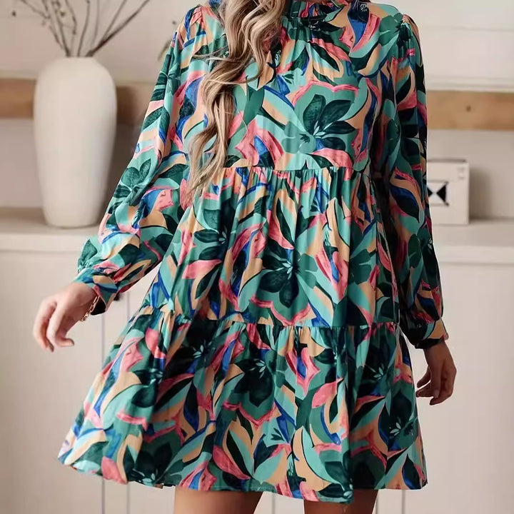 Damen luftiges Retro-Kleid mit voluminösen Ärmeln und weiten Falten Drune