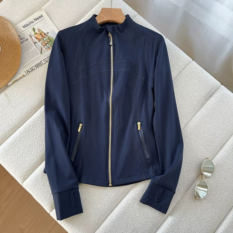 Damen elegante Sportjacke mit hohem Kragen und innovativem Reißverschluss Drune