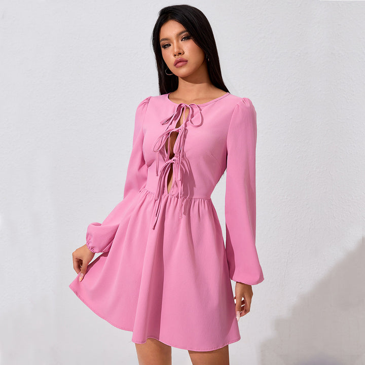Damen langärmeliges Minikleid mit Cut-Outs, vorn geschnürtem Bustier und tailliertem Gummizug Drune