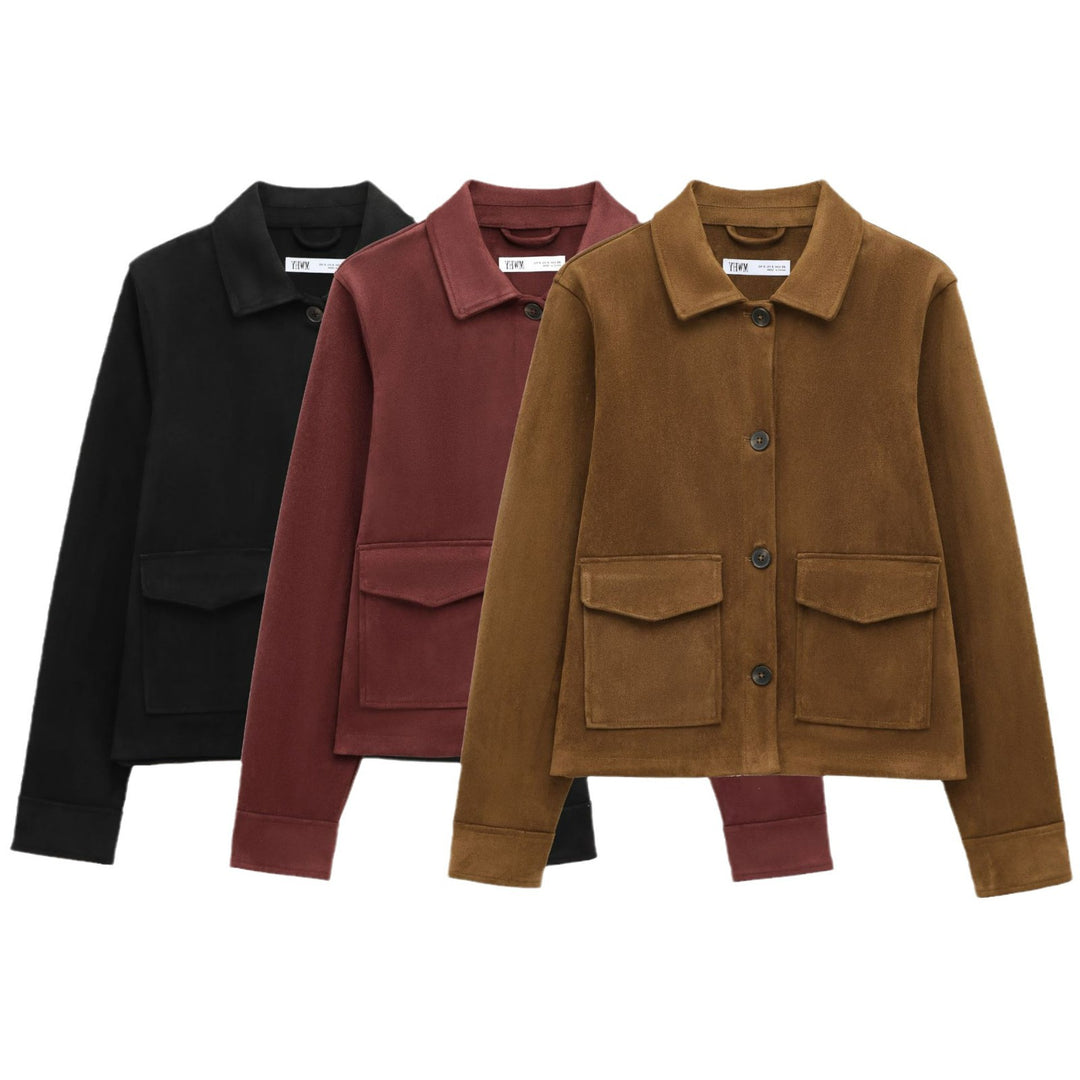 Damen Kurze Wildlederoptik-Jacke mit aufgesetzten Klappentaschen Drune