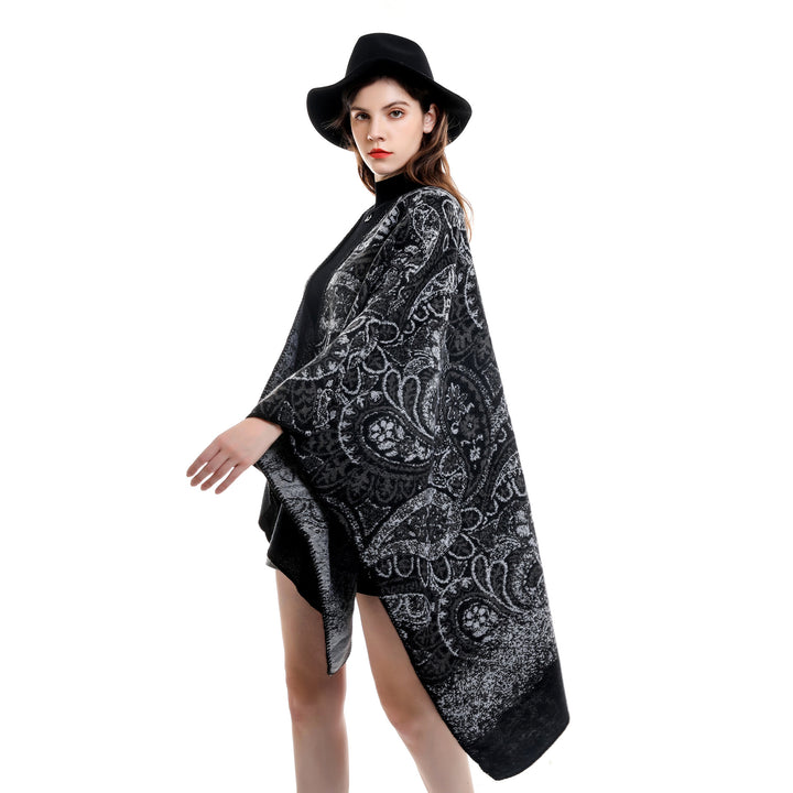 Damen Paisley-Jacquard-Capeponcho aus Wollmix mit Zierkettelnaht Drune