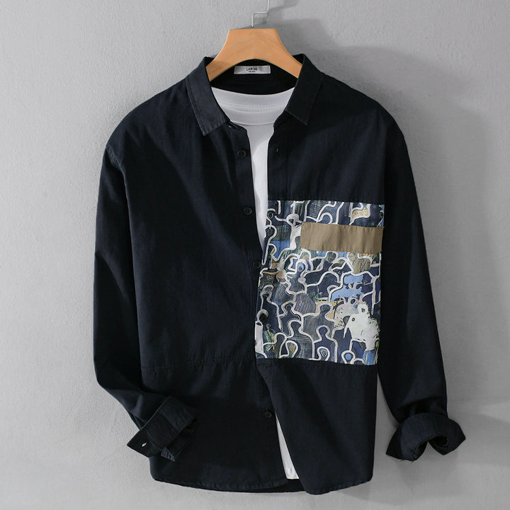 Herren Baumwollhemd mit großem Kunst-Print-Brustpatch und Kentkragen Drune