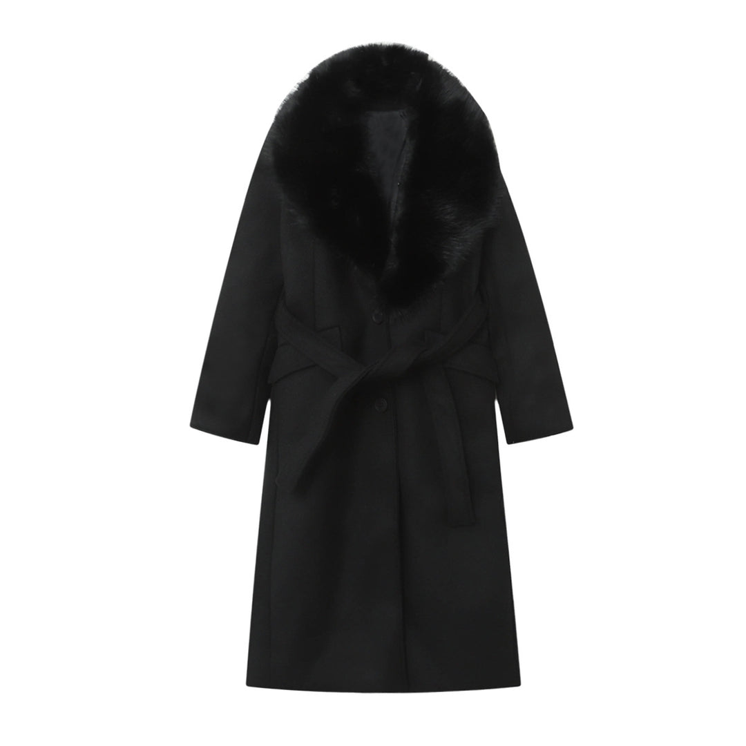 Damen nan eleganter Mantel mit großem abnehmbaren Schalkragen aus Fauxfur, Wickelgürtel und verdeckter Knopfleiste Drune