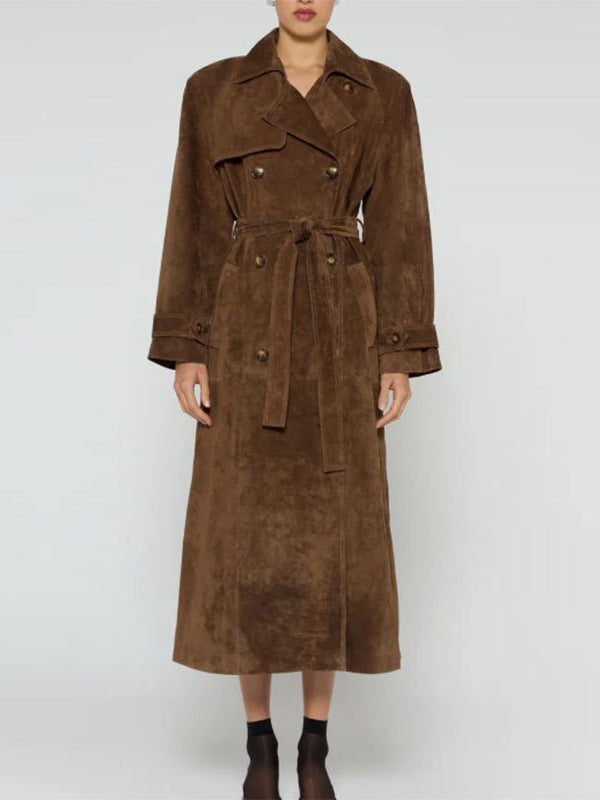 Damen eleganter und taillierter Wildleder-Trenchcoat mit Gürtel Drune