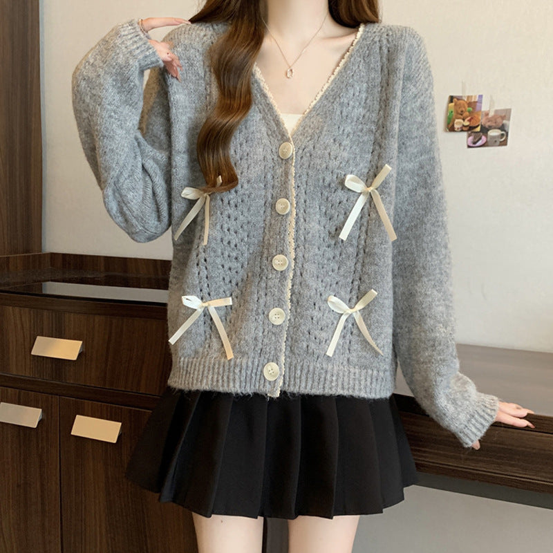 Damen gemütlicher Strickcardigan mit Schleifen Drune