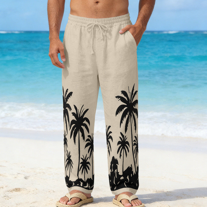 Herren Leinenoptik-Strandhose mit Palmenprint Relaxed-Fit und Kordelzug Drune
