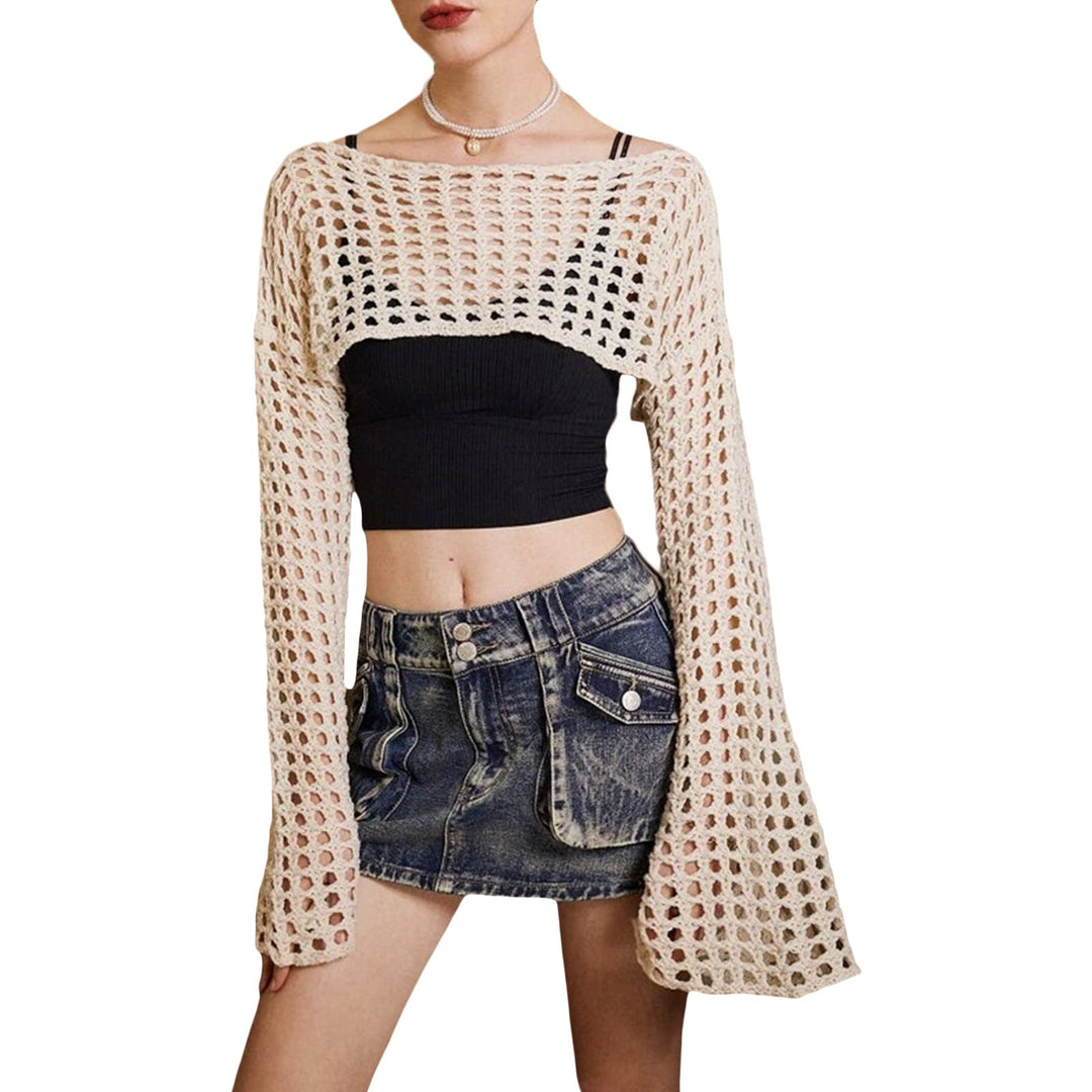 Damen luftiges gehäkeltes Crop-Top mit langen Ärmeln Drune