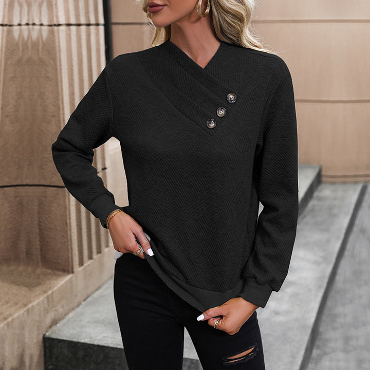 Damen Strukturierter V-Ausschnitt-Pullover mit diagonaler Zierknopfleiste und taillierter Passform Drune