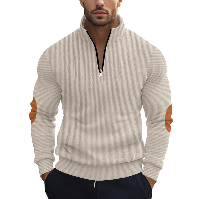 Herren nan strukturierter Baumwoll-Strickpullover mit halbem Reißverschluss und Ellenbogenbesatz Drune