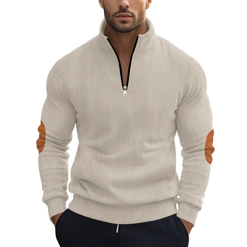 Herren nan strukturierter Baumwoll-Strickpullover mit halbem Reißverschluss und Ellenbogenbesatz Drune