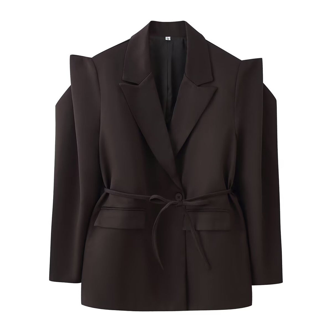 Damen Blazer mit Schulter-Cutouts, Taillengürtel und Ein-Knopf-Verschluss Drune