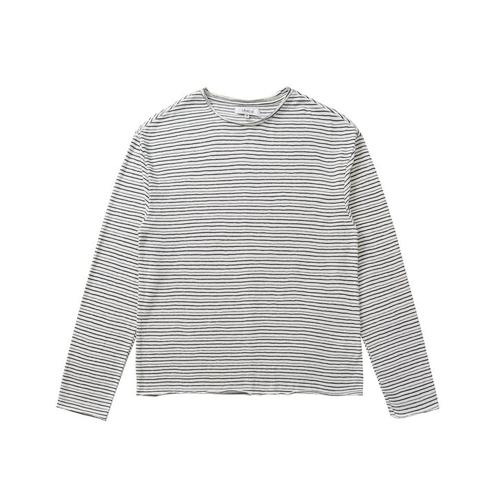 Unisex Fein gestreiftes Langarmshirt aus Baumwollmischung mit Rundhalsausschnitt Drune